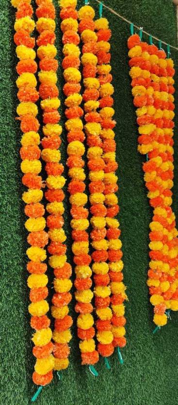SATYAM KRAFT 24 Pcs Artificial Marigold Fluffy Flowers Garlands Orange and yellow for Decoration Artificial genda phool Flower line for Decoration Home Decor, Decor,Flower Decoration line